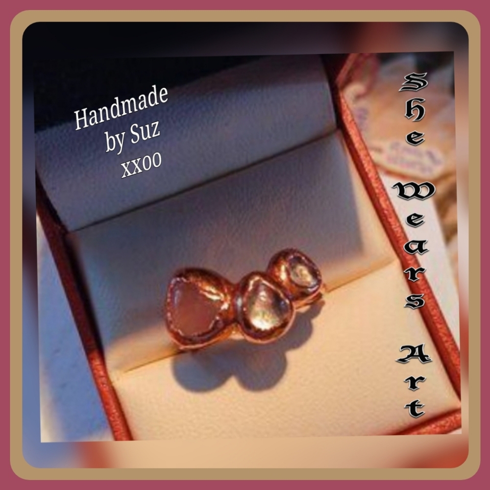 Handmade Ring raw stone rose quartz angel aura quartz stones copper jewelry 8.5
